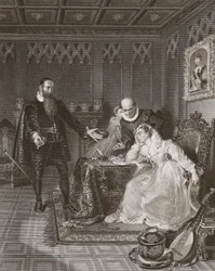 John Knox ammonisce Maria Regina di Scozia, inciso da A.H. Payne